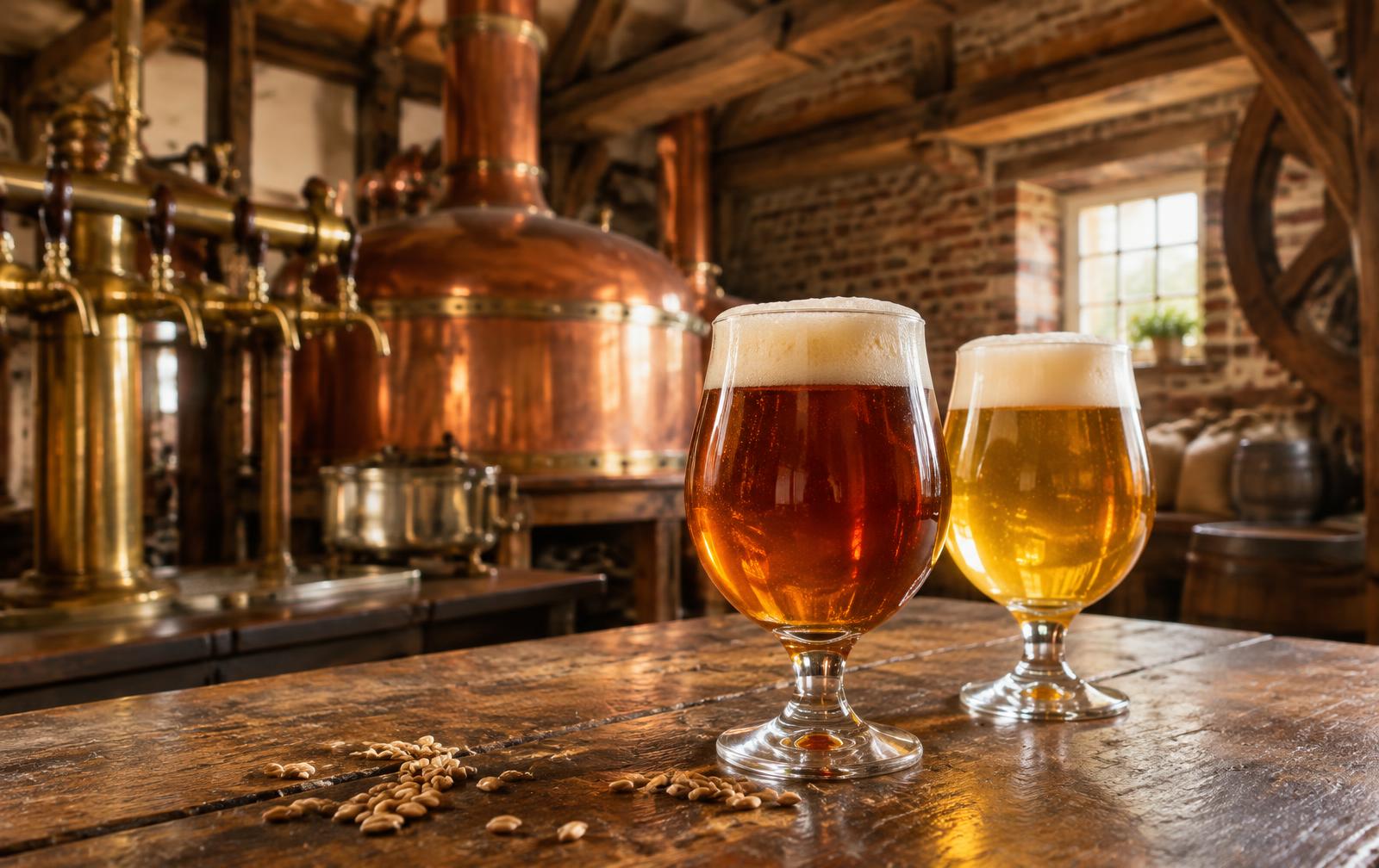 Twee glazen ambachtelijk bier op een houten tafel in bierbrouwerij Maallust in Veenhuizen