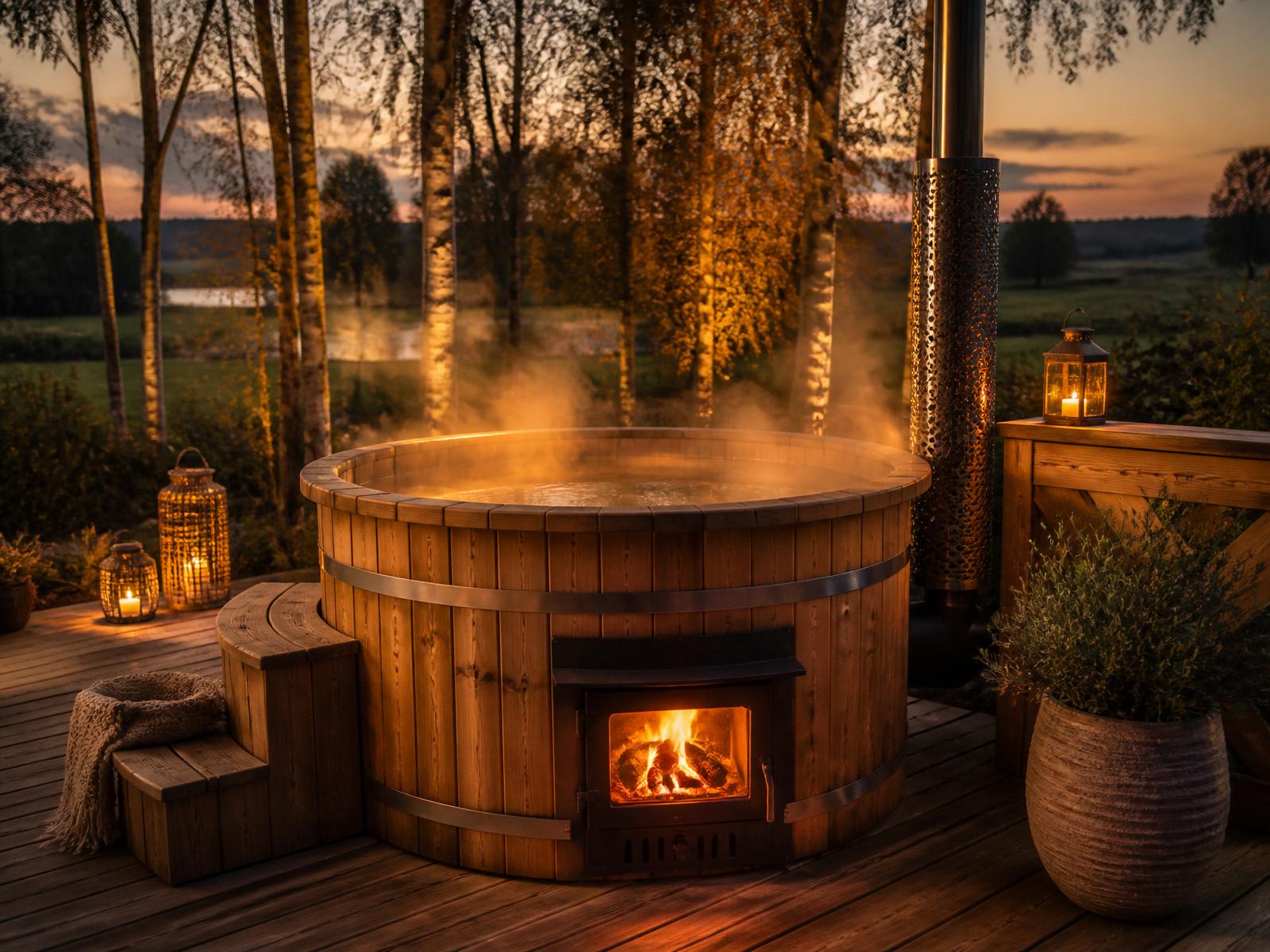 Houtgestookte hottub met stomend water in de schemering