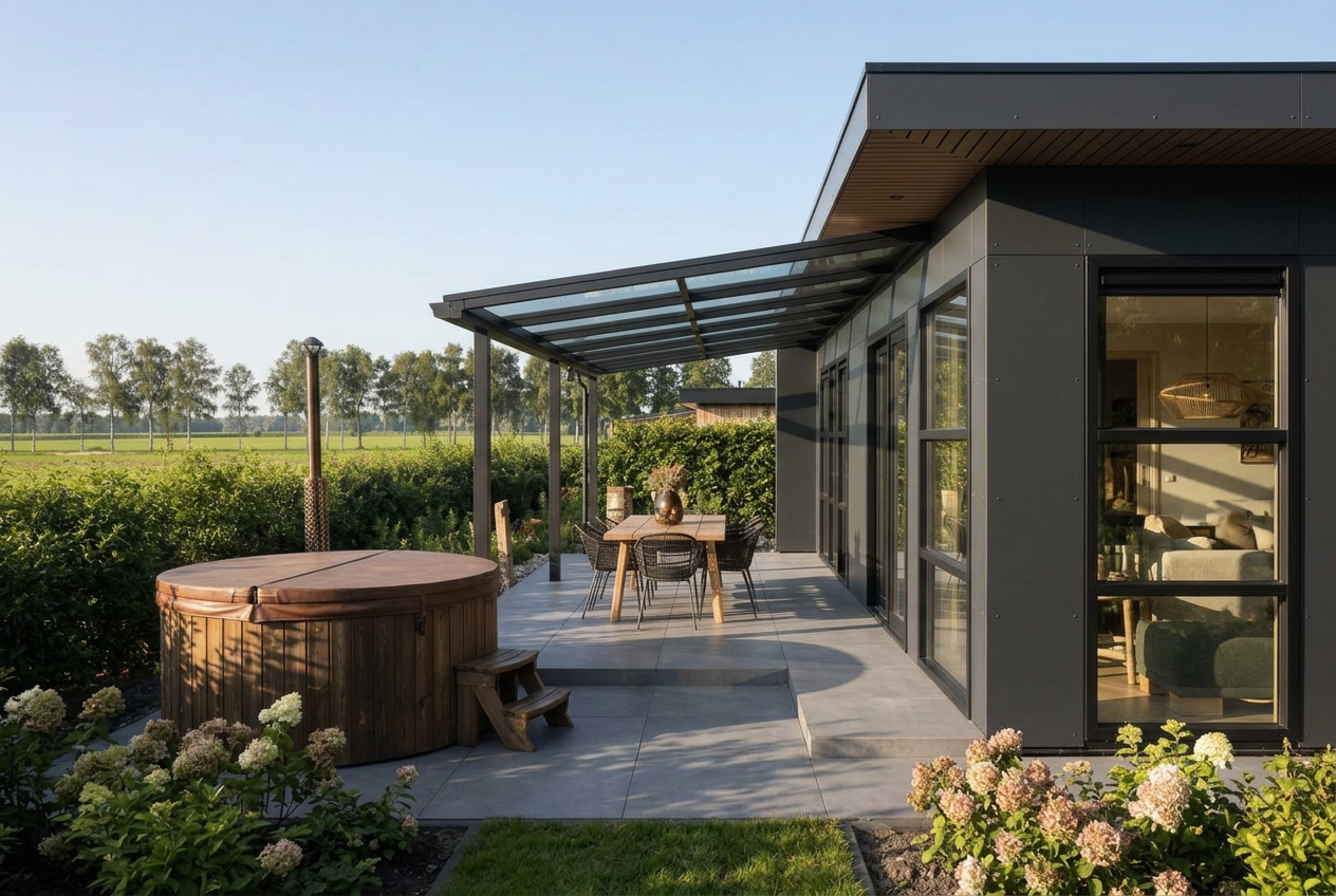 Houten lodge met terras, overkapping en hottub, omgeven door een Drentse haag met uitzicht over het open veld